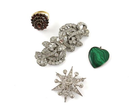 Antique silver and costume jewellery, including Victorian marcasite set brooch, with a similar pair of marcasite drop earring
