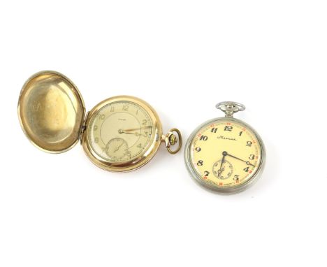 Art Deco Favor gold plated full hunter pocket watch, gilt dial with Arabic numerals, minute track and subsidiary dial, engine