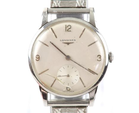 Longines a Gentleman's, stainless steel wristwatch, the white silvered dial with baton hour markers and subsidiary seconds di