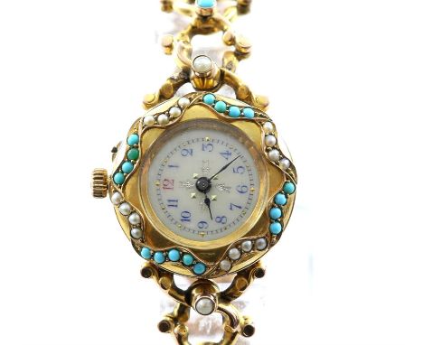 Ladies gold cased watch set with turquoise and pearls, enamel dial with blue Arabic numeral hour markers, and offset with 12 