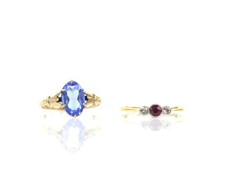 Two rings including, ruby and old cut diamond ring in a rub over setting, stamped 18 ct yellow gold and platinum, size L, blu