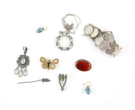 Collection of jewellery including, gem set silver bracelet and pendant, silver coin bracelet, agate brooch, moonstone pendant