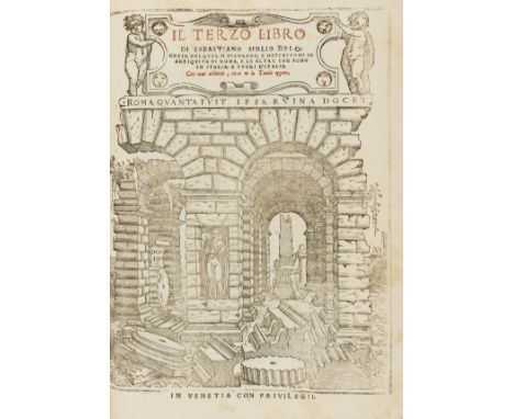 Serlio (Sebastiano) Libro Primo d'Architettura, second Italian edition, title with woodcut architectural border, contemporary