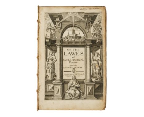 Hooker (Richard) Of the Lawes of Ecclesiastical Politie, engraved architectural title by William Hole, woodcut head-pieces an