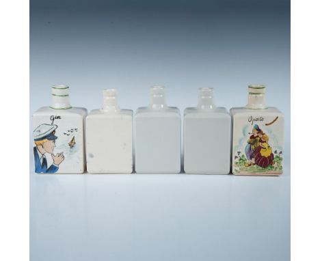 Five fantastic square bottles, two of them adorned with paintings. One bottle features Gin and a depiction of a sailor, while