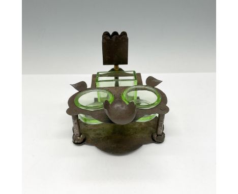 Unique metal stand to hold all of your tobacco related items. Pipe holder, matchbook holder, green glass cigarette holder and