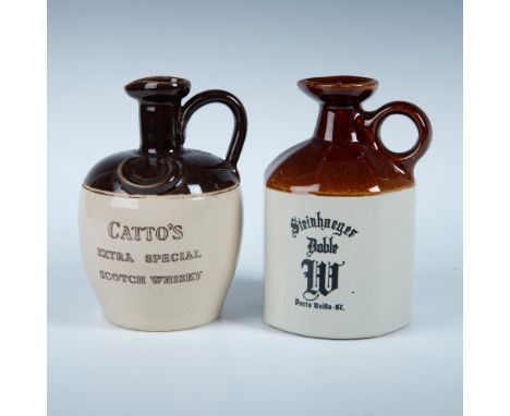 These two well-crafted ceramic jugs with pour spouts are both two-toned in color have stenciled labels. The Catto's Bottle is