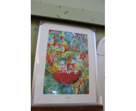 A COLOURFUL ANIMALS IN THE JUNGLE PRINT by Lisa V. Keaney, in a Nielsen brushed aluminium frame 