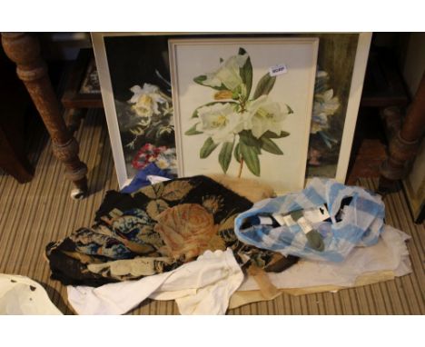 MARION BROOM, A WATERCOLOUR FLORAL STUDY together with a Riefel lily print, and tapestry making peripherals 