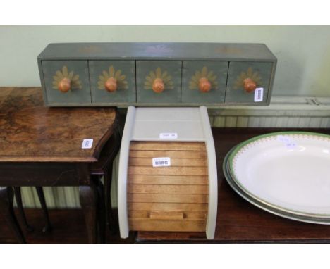 A PART PAINTED WOODEN BREAD STORAGE BOX and a five drawer spice shelf 