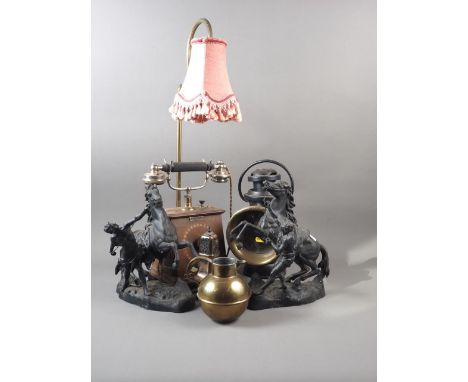 A pair of spelter Marley horses, 11 3/4" high, a coaching lamp, a telephone lamp and other items 