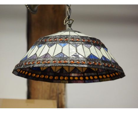 An "Interiors 1900" leaded stained glass ceiling light pendant of Art Deco/Tiffany design, 20" dia 