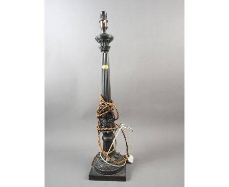 A patinated brass column table lamp of Regency design, on a square base, 24" high (ex Fawley Court)  