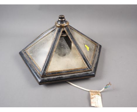 A black painted and gilt line decorated hexagonal ceiling light, 14" dia (ex Fawley Court) 