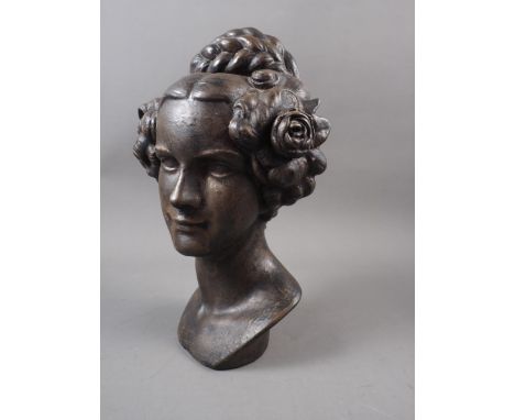 A patinated portrait head of an early Victorian woman, 10 1/2" high 