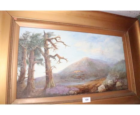 English School: oil on canvas, landscape with trees and distant hills, 11 1/2" x 21 1/2", in deep gilt frame, an oil on board