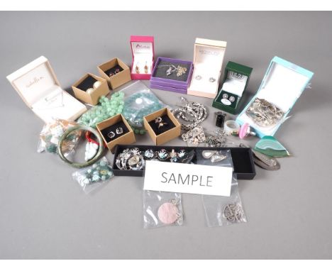 A selection of silver and white metal jewellery, some set semi-precious stones, a small selection of jade jewellery, etc 