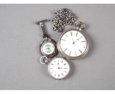 An 18th century pair cased pocket watch with white enamel dial and Roman numerals, silver inner case and plated outer case, a