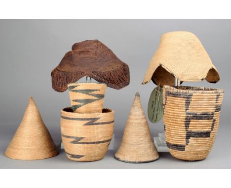 Two Kuba hats laket Democratic Republic of Congo raffia, the lighter with printed label from Visual Education Department, Bap