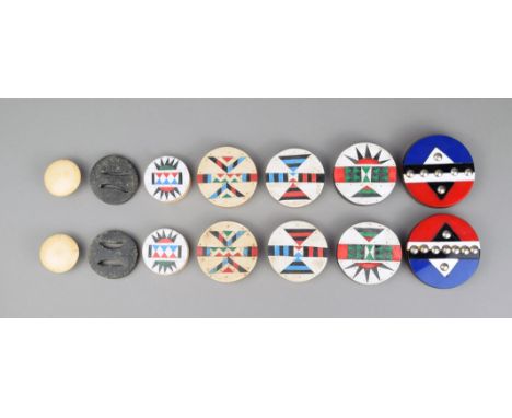 Seven pairs of Zulu ear plugs South Africa wood, vinyl, perspex, metal pins, studs and bone, including a double sided perspex