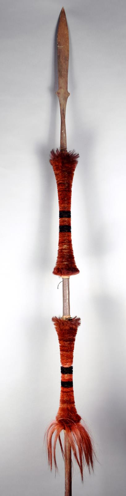 A Naga Spear Northern India Wood Iron Dyed Animal Hair And Fibre