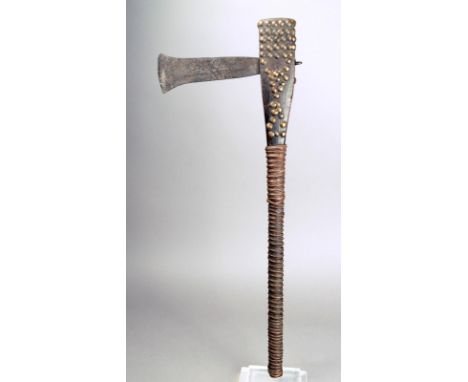 A Luba axe Democratic Republic of Congo wood, coiled copper, brass studs and iron, 50cm long.