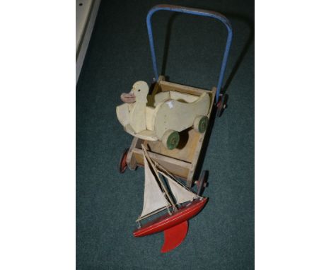Tri-ang wooden baby walker, small pond yacht and wooden duck