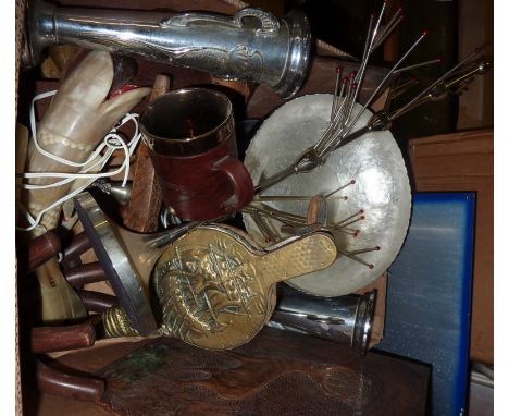 Box of various collectables including horn fish lamp, bellows, wooden ornaments etc.