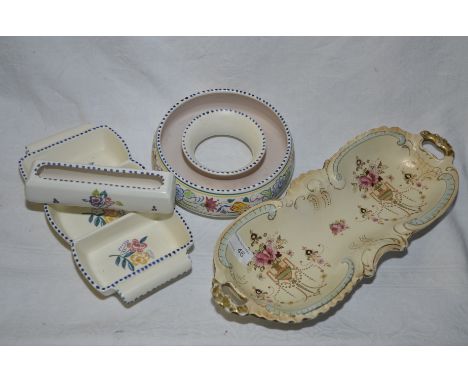 Crown Devon Fieldings blush ware dish and 4 pieces of Poole pottery