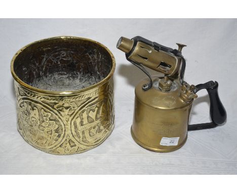 Max Sievert Stockholm blow torch and a brass planter with embossed decoration