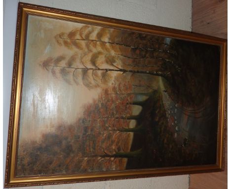 Gilt framed oil on board of sheep herding on wooded country lane by R. Parker of Kirkbymoorside 