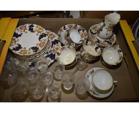 Allertons part tea service, etched glass sherry glasses, Tuscan China cups and saucers etc.