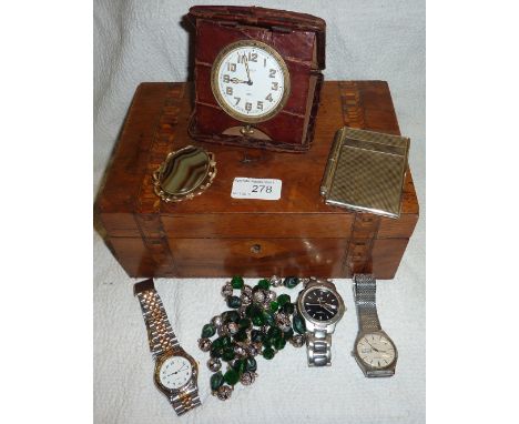 Reid and Sons Newcastle travel clock in leather case, agate brooch, wrist watches etc in box with Tunbridge ware strapping 