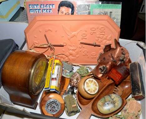 Small selection of records, mantle clock, clocks etc.
