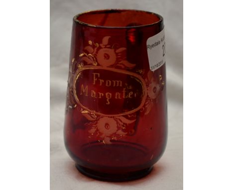 19th century ruby glass tankard with engraved and gilt decoration 'From Margate'