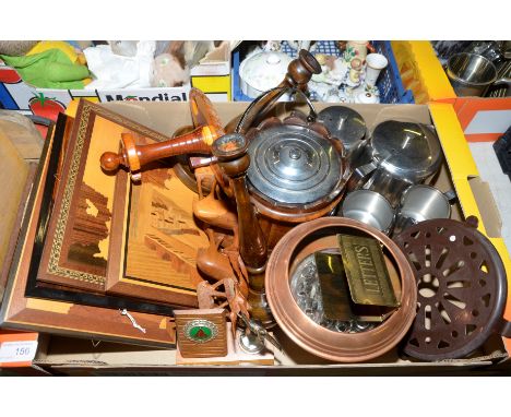 Marquetry wooden pictures, stainless steel tea service, trivet etc.