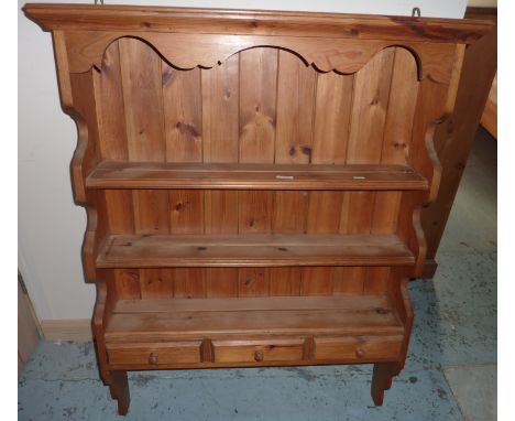 Pine three tier wall shelf with three drawers 