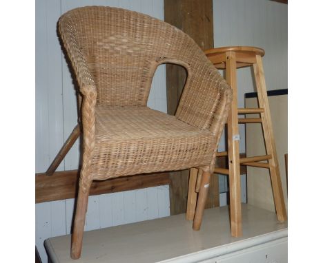 Beech bar stool and wicker work armchair 