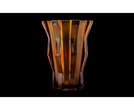 A Czech Glass Brutalist Form Vase Mid century vase in amber glass with textural opaque panels. Embossed to base 'Czechoslovak