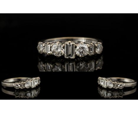 18ct White Gold Diamond Ring  Half Eternity Ring Set With Alternating Round Brilliant And Baguette Cut Diamonds Of Graduating