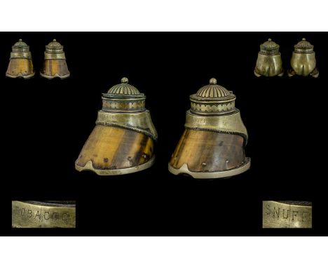 Antique Equestrian Interest Hoof Snuff Box And Tobacco Jar Each with plated metal mounts and reeded, domed hinged lids, etche