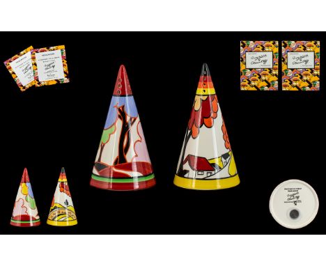 Wedgwood Bizarre Clarice Cliff Hand Painted Limited Edition Conical Form Sugar Sifters Blue Autumn And House And Bridge No's 