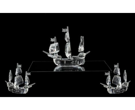 Swarovski Silver Crystal Ship Sculpture ' When We Were Young ' Series - Santa Maria Ship, With a Blue Display Mirror, Santa M