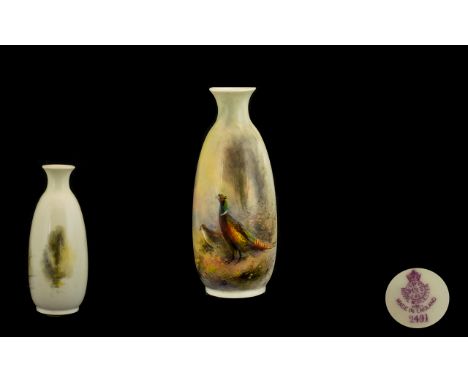 Royal Worcester Hand Painted and Signed Small Vase ' Peacock and Peahen ' In a Woodland Setting. Signed James Stinton. Date 1