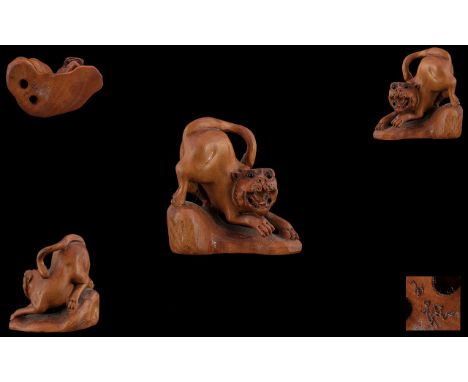 Chinese 19th Century Signed Carved Boxwood Netsuke, In The Form of a Snarling Cat. Signed to Underside of Netsuke. 1.75 Inche