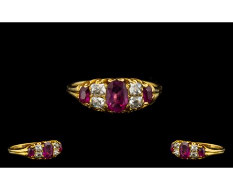 Antique Period - 18ct Gold Attractive Ruby and Diamond Ring, Gypsy Setting. c.1900. The Old Cushion Cut Diamonds of Excellent