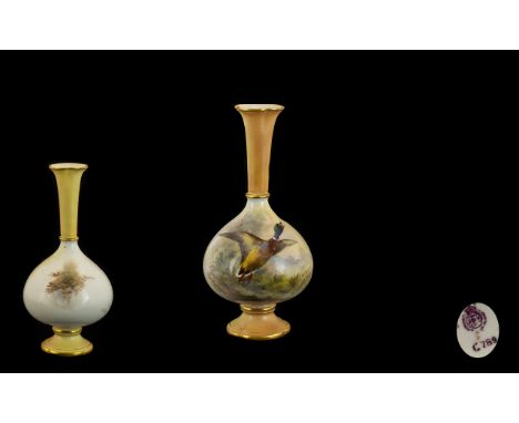 Royal Worcester Hand Painted and Signed Small Vase ' Flying Mallards Over a Grass Land ' Signed James Stinton. Date 1905. 5.2