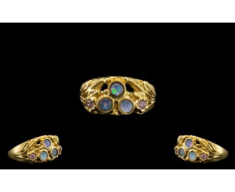 Antique Period Attractive 14ct Opal and Pink Sapphire Set Dress Ring - the 3 pavee opals of excellent colour. Marked 585 - 15