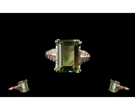 Green Amethyst Solitaire Style Statement Ring, over 11cts of clear, bright, green amethyst in a single octagon cut stone, set