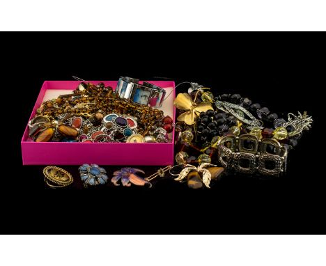 A Mixed Collection Of Costume Jewellery To include beaded necklaces, pendant, wristwatches, enamel orchid form brooch, crysta